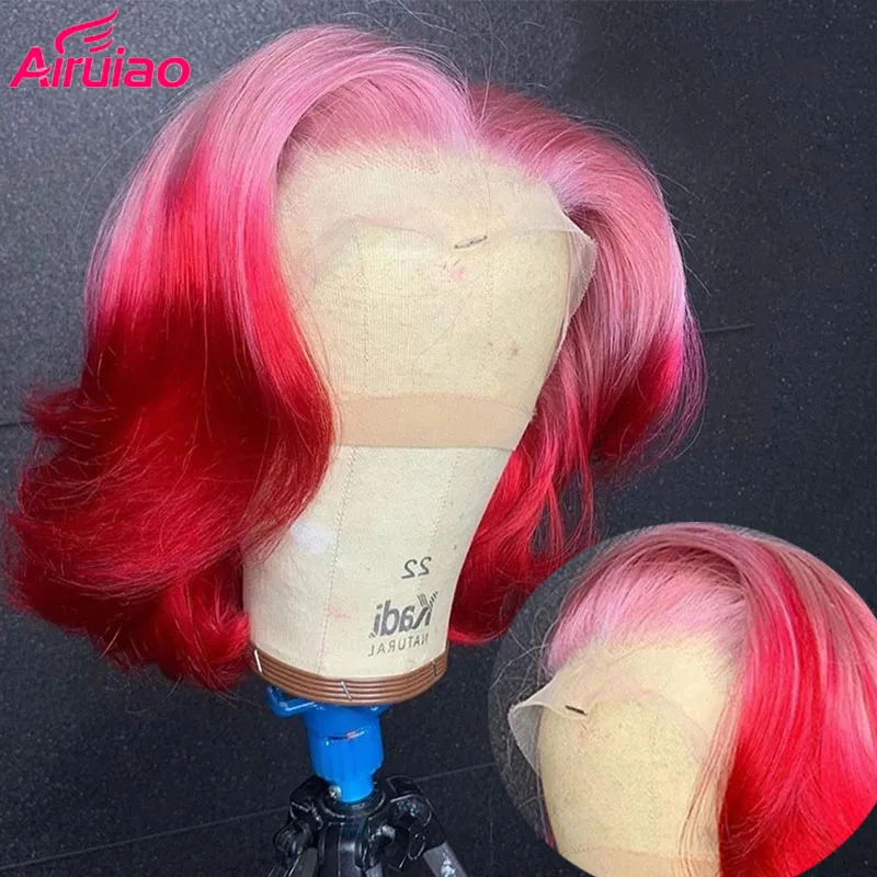 

Парик Омбре розового цвета 13x 4 на сетке спереди, с волнистыми натуральными волосами, с коротким вырезом, с прозрачной сеткой спереди, красны...