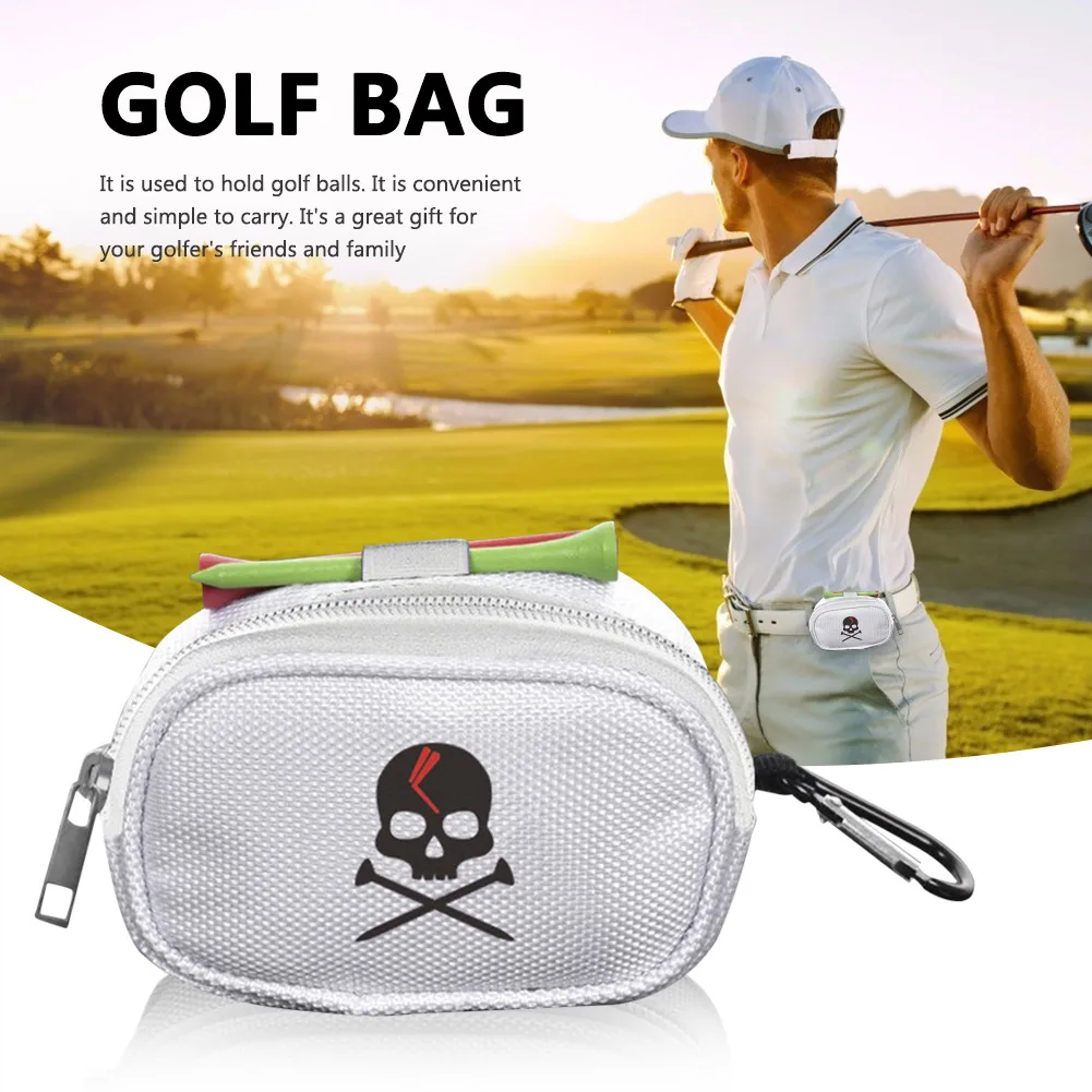Mini Golf Ball Bag with 2 Tees Holder Storage Pouch Portable Skull Golf Handbag Clutch Bag Zipper Carabiner Waist Pack Sports