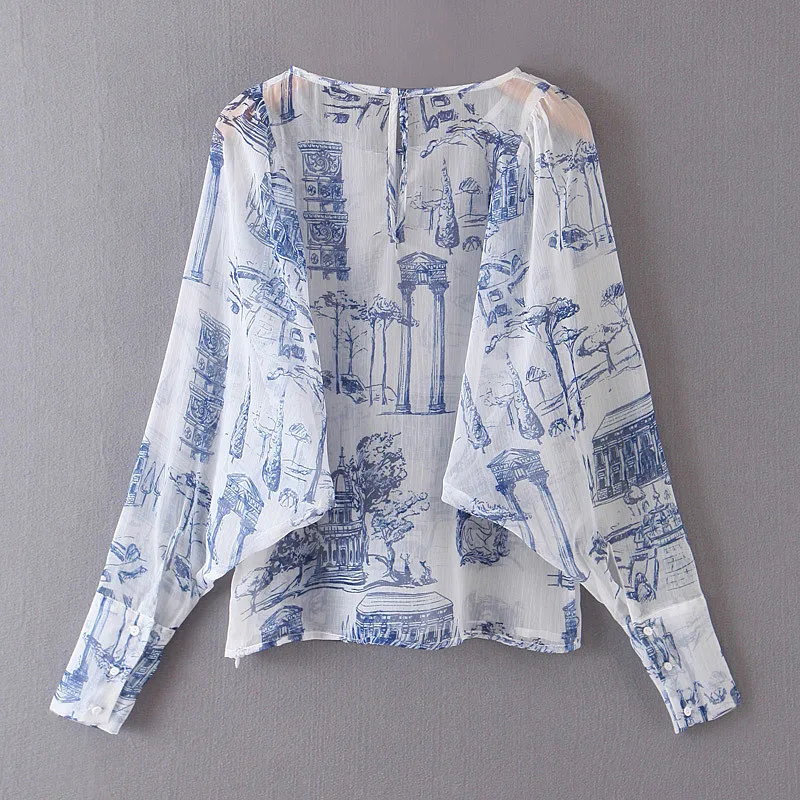 NSZ женская синяя прозрачная блузка с принтом посмотрите на Дешевое платье