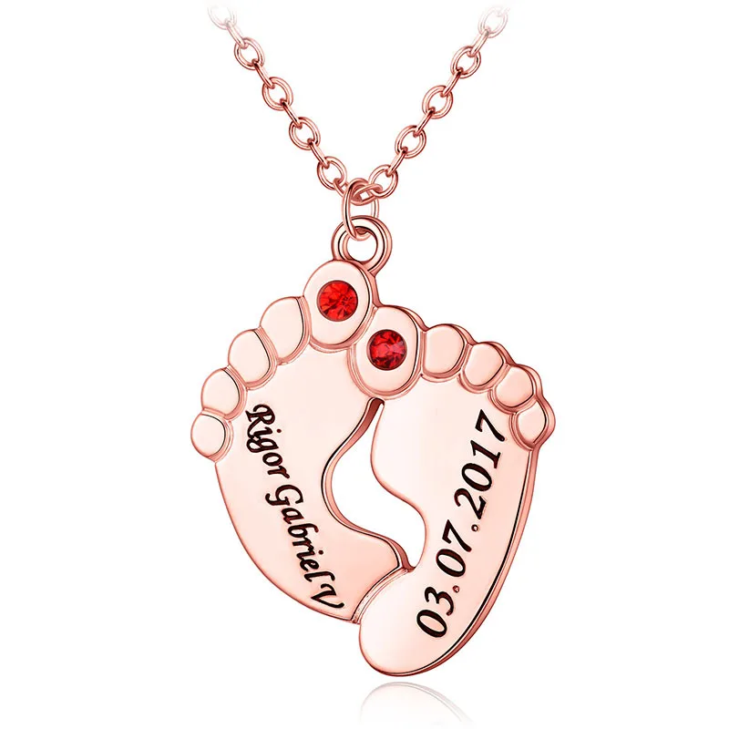 

Custom Necklace With Birthstone Engraved Name Twins Necklaces For Women OжерельеBaby Feet Pendant Necklace Collier Femmeкулон
