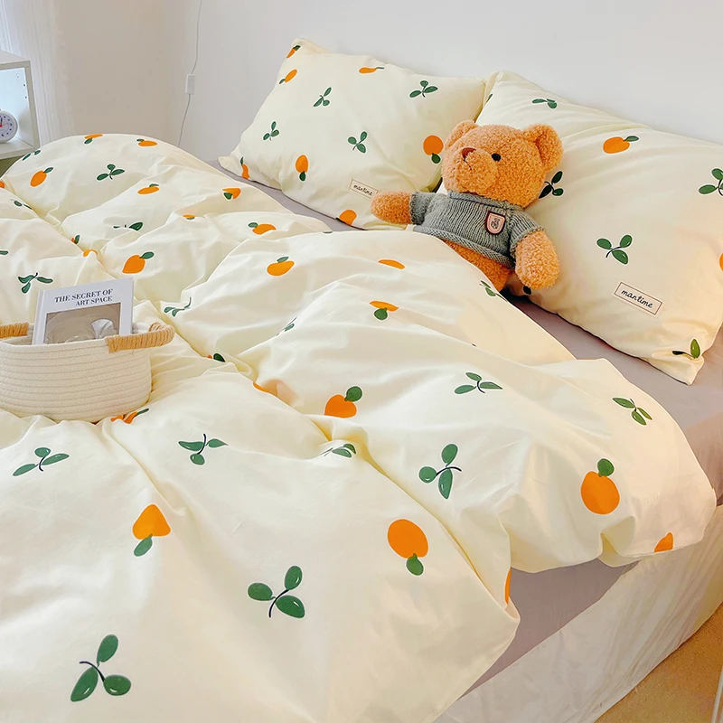 3/4pcs Cute Orange Bedding Set Twin Full Queen Size Quilt Covers Kawaii Animal Fitted Bed Sheet Pillowcase Bedroom Duvet Cover