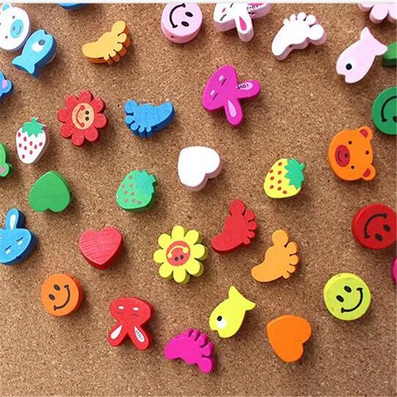 30 шт. Мультяшные декоративные thumbtacks деревянные штифты для карт, рисования пробковой доски, настенных ногтей, канцелярских принадлежностей