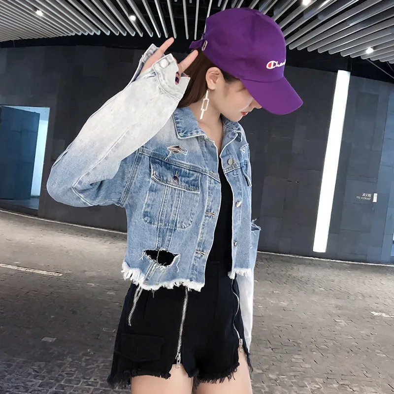 Женские рваные джинсовые Топы Harajuku с дырками и бахромой свободные куртки бомберы