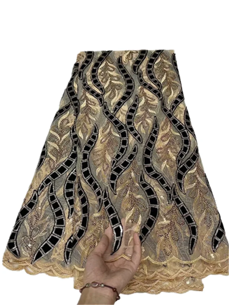 

Hot Sell Africa Velvet Lace Fabric With Sequin Cotton Lace Trim African Embroidery Lace Fabric For Woman FYU599