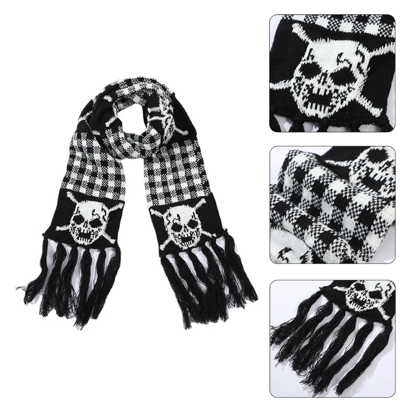 Scarf With Fringes For Men Black And White Stylish Knitted Wool Feel Long Fashion Scarf With Fringes Skull Crossbones
