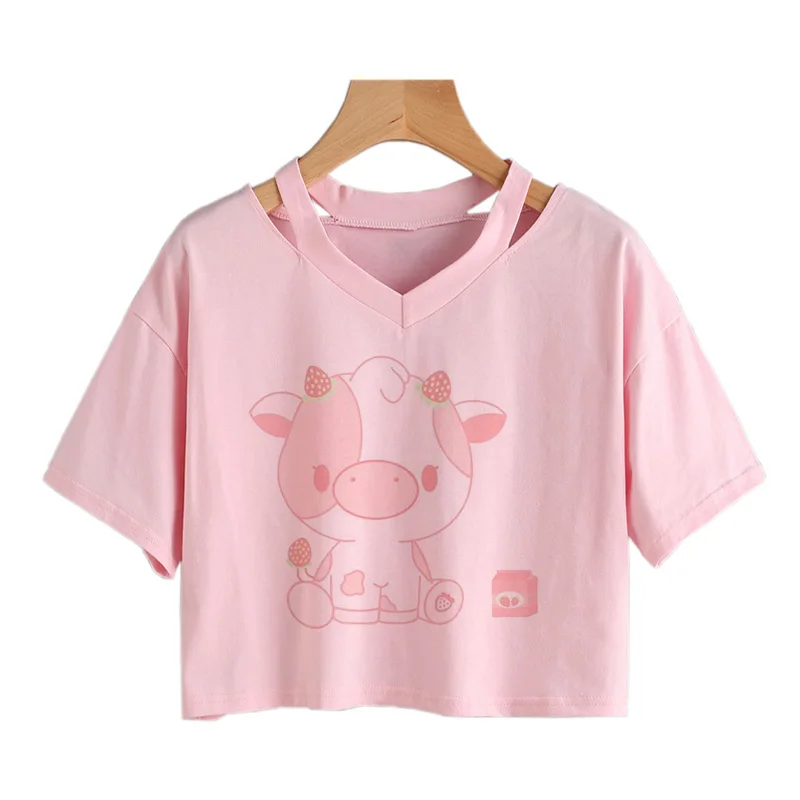 Футболка женская с коротким рукавом кроп-топ клубничным принтом милая