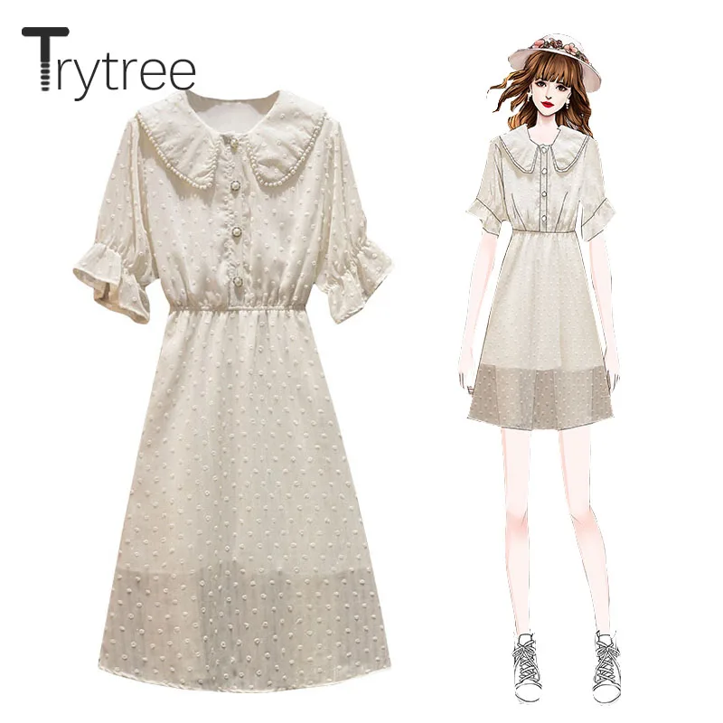 

Trytree 2020 Summer Women Dress Casual Peter pan Collar Button Flare Sleeve A-line Loose Solid Vintage Fashion Office Lady Dress