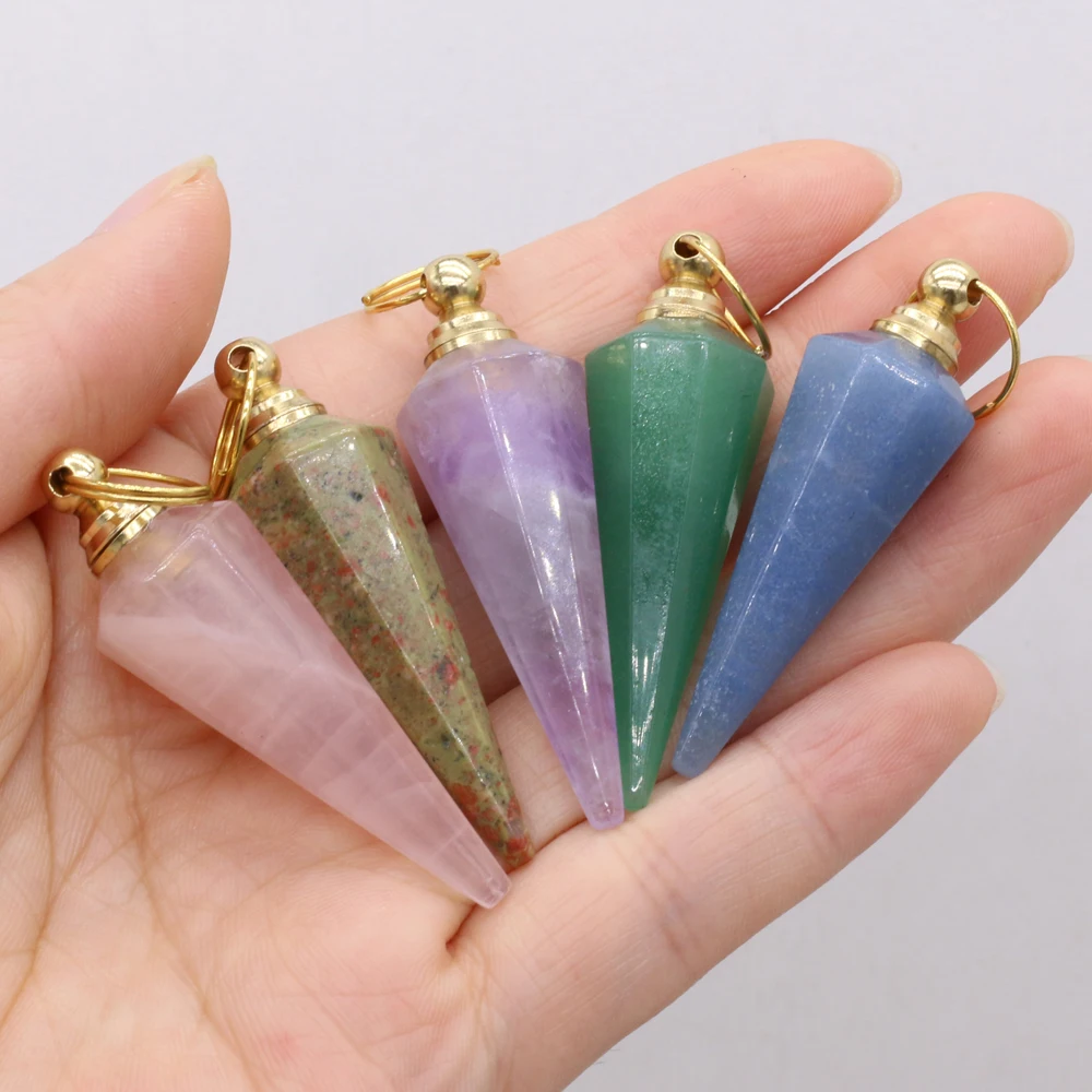 

Natural Semi-precious Stone Perfume Bottles Pendant Cone Rose Quartz Amethyst Aventurine for Jewelry Making Necklaces Gift