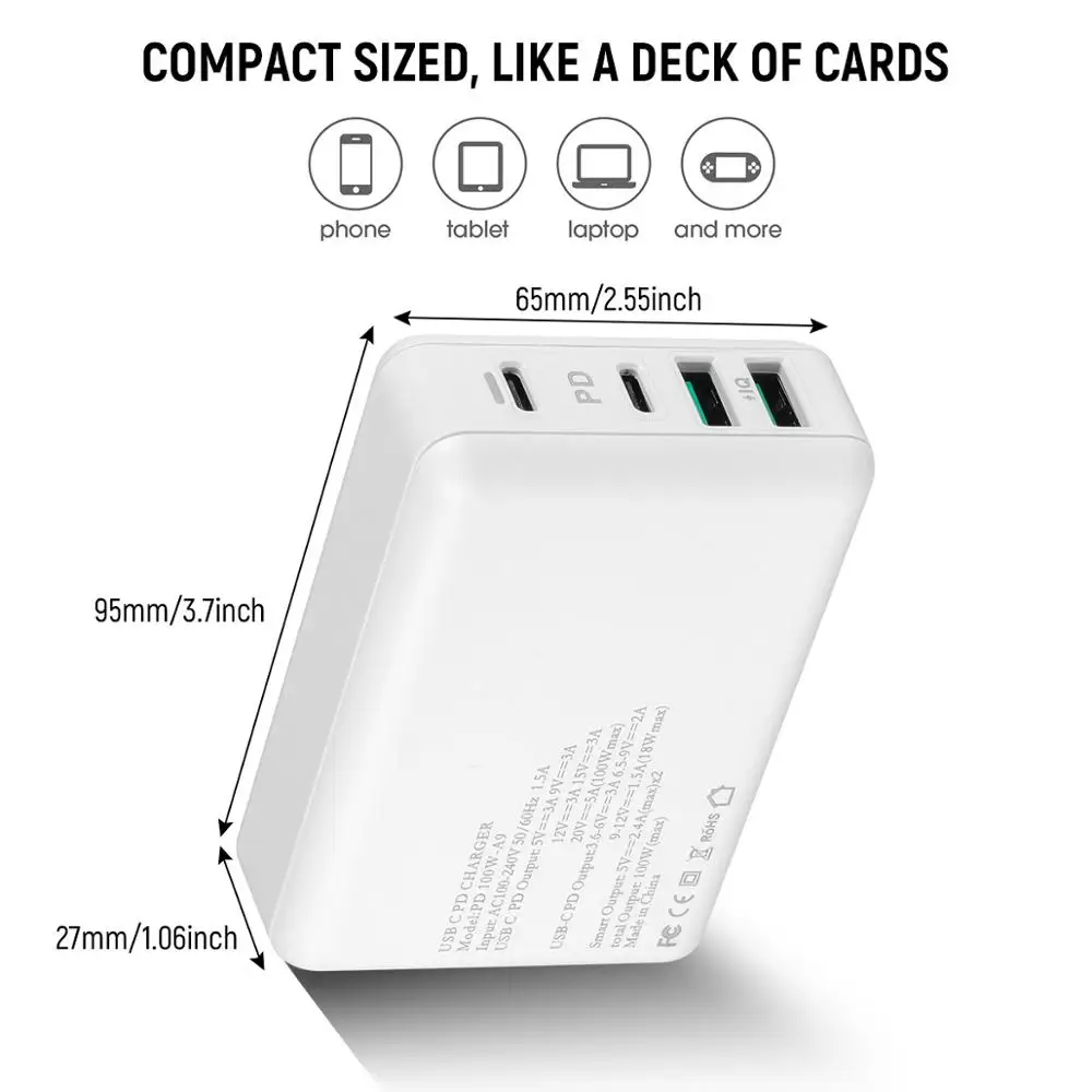 

100W 4 Ports USB Charger Quick Charge 3.0 Adapter HUB PD Fast Charger Battery Charging Station For iPhone Huawei