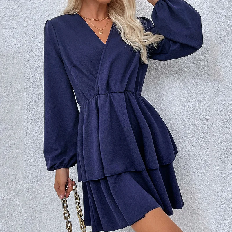 

2021 Fall New Women's V Neck Solid Color Long Sleeve A Line Causal Long Dress For Ladies Elegant High Waist Fashion Chic Dress