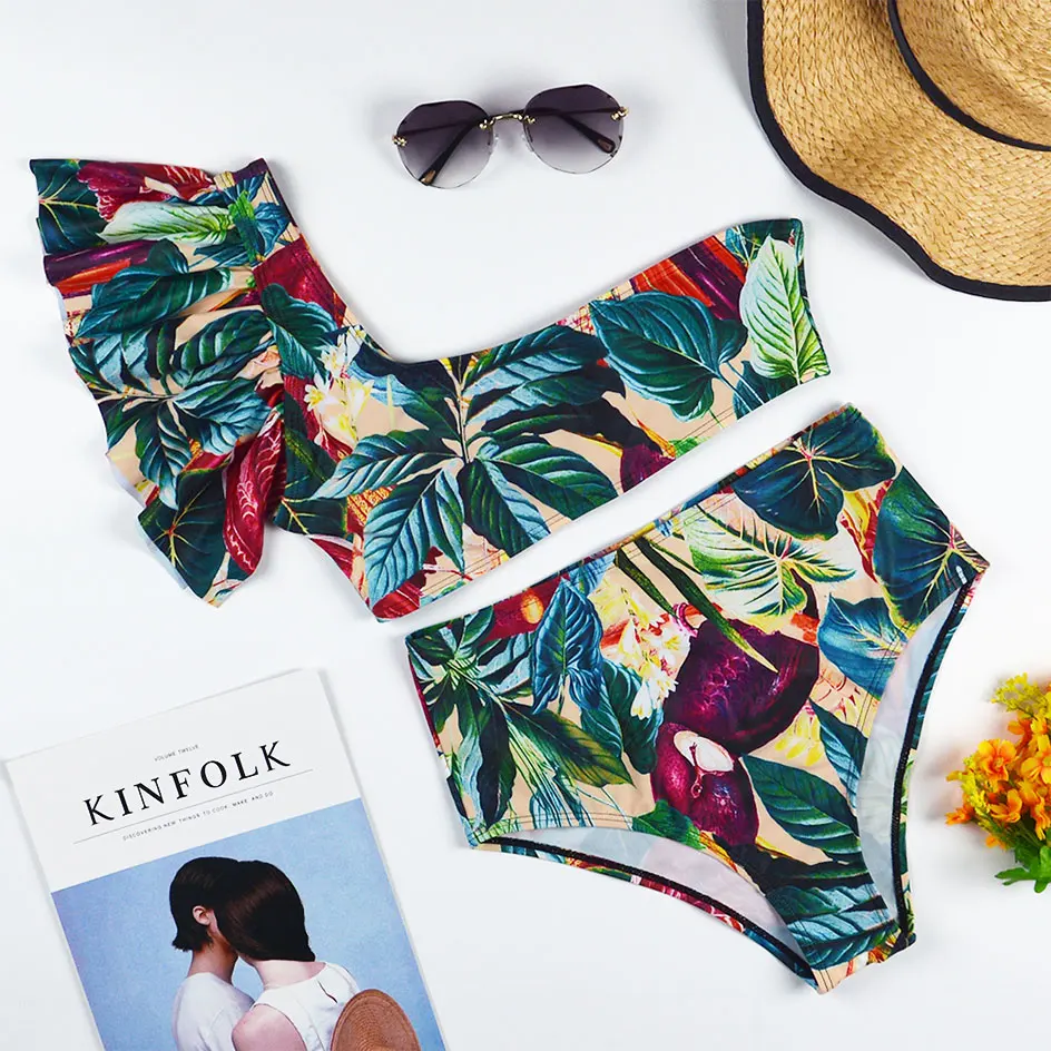 Женское бикини с высокой талией купальник оборками сексуальный купальный костюм