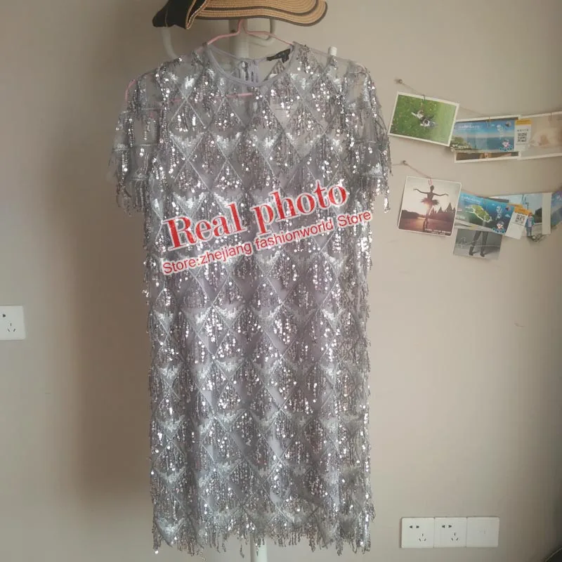 QZ901 Новая Европейская мода Sequines tassels Deco платье с короткими рукавами корейские шикарные платья из пайеток