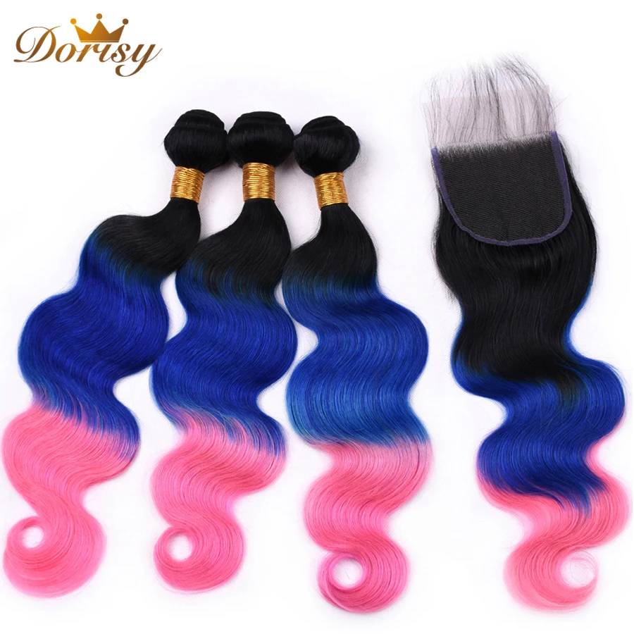 Предварительно окрашенный TB Синий Розовый пучки человеческих волос Ombre с