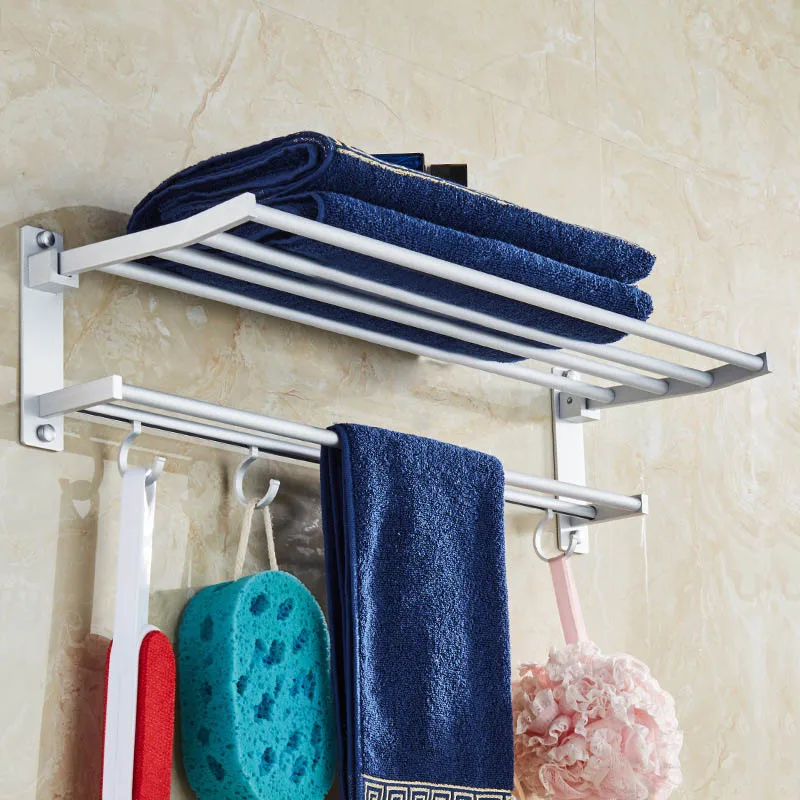 405060cm space aluminum double towel rack with 5 hooks foldable towel kitchen bathroom shelves bathroom accessories free global shipping