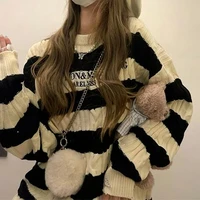 deeptown harajuku striped knitted sweater women korean style casual vintage oversize long sleeve crewneck jumper female winter