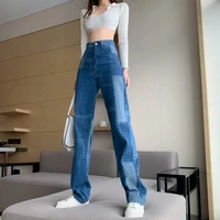 streetwear women jeans irregular patch contrast color cotton denim stitching wide leg jeans high waist baggy straight trousers