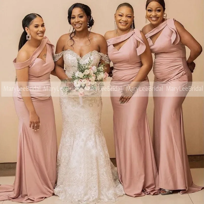 

Блестящие атласные пыльно-розовые платья для подружек невесты с вырезом на одно плечо, каскадные длинные платья русалки для дам
