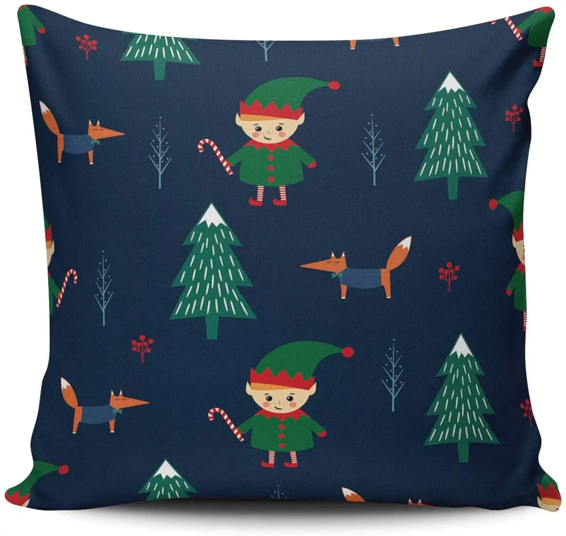 

Healbrighting Pillow Covers Christmas Tree Elf with Candy Cane and Fox Cute Winter Holidays Home Decorative Pillowcase