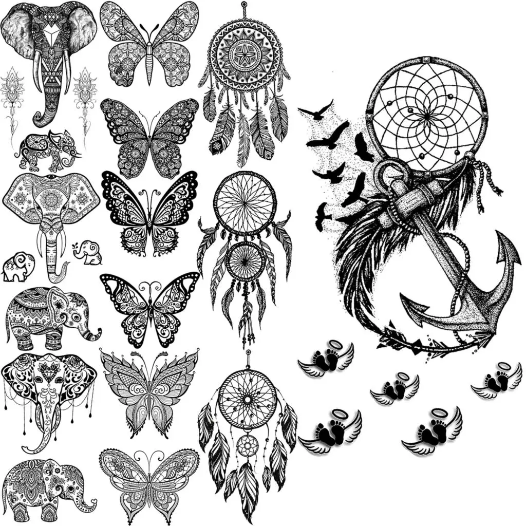 

DreamCatcher Footprint Temporary Tattoos For Adults Women Body Hand Tatoos Feather Butterfly Elephant Fake Tattoo Sticker