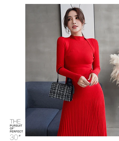 Women Slim Long Maxi Knitting Sweater Dress Autumn Winter Full Sleeve Pleated A-line Dress Big Swing Ladies Pullover Dresses