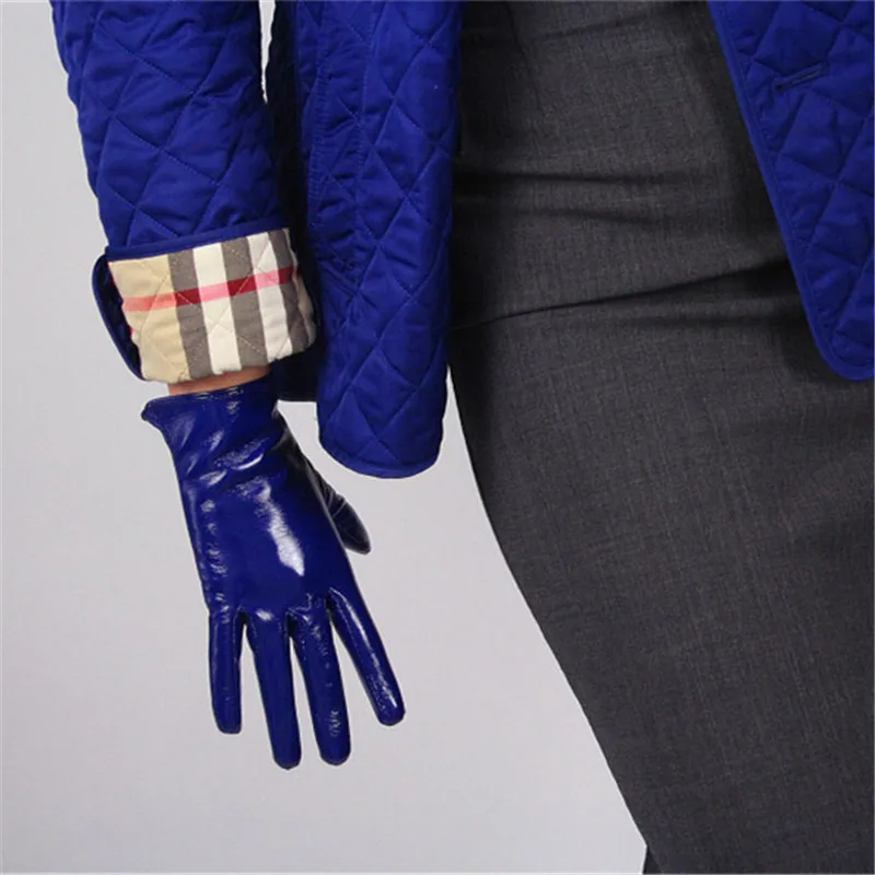 Leather Royal Blue Новинка, 21 см, короткие перчатки с сенсорным экраном, искусственная кожа, лакированная кожа, темно-коричневые, кофейные, черные, белые женские перчатки из искусственной кожи, WPU98-21 - Цвет: Leather Royal Blue