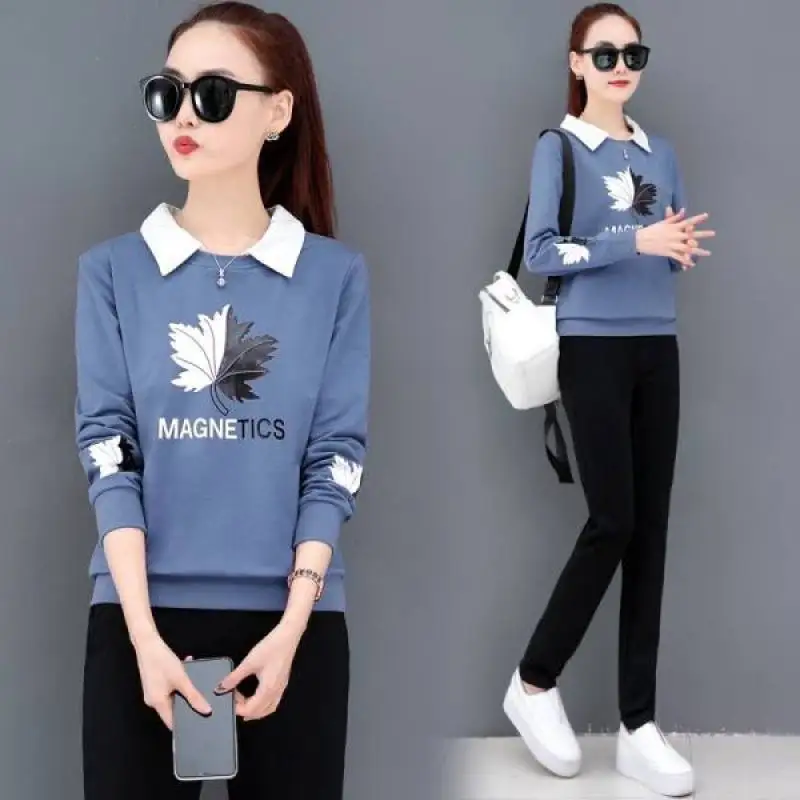 

2022 Fashion Sports Suit Trend Two Piece Set Women Clothes New Korean Loose Casual Lapel Autumn Maple Leaf Printing Style Waist