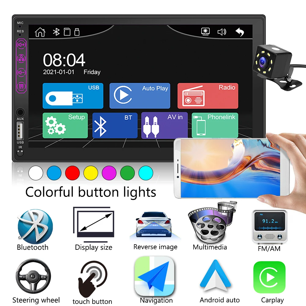 

2 Din Car Radio FM Audio Stereo MP5 Player Bluetooth 7 inch Touch Screen Stereo SD USB With AUX-in + 8 LED Rear View Camera