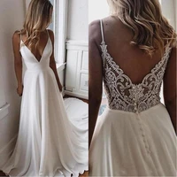 boho beach a line wedding dress 2022 simple v neck beaded lace appliques bridal gowns designer custom chiffon bride dresses