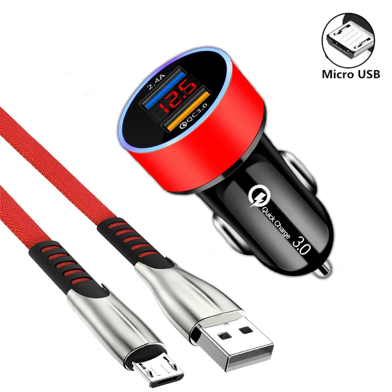 Автомобильное зарядное устройство со светодиодным дисплеем QC 3 0 кабель Micro USB для