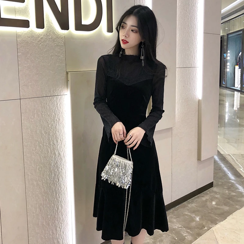 Женские платья весенне-осеннее бархатное платье большого размера с кружевной