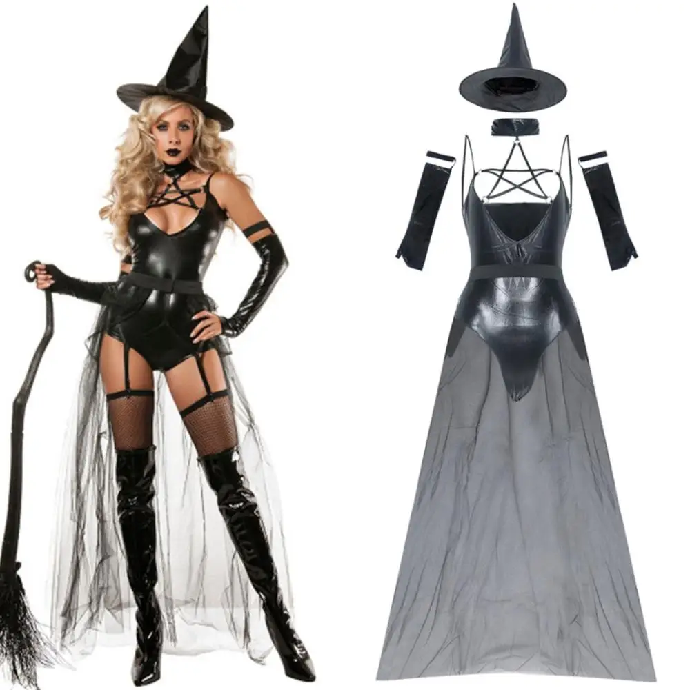 Sexy Halloween Costumes Cosplay Demon Witch Suit Patent Leather Suit Cosplay Outfit magic Suit Fantasia Party Fancy Dress hat