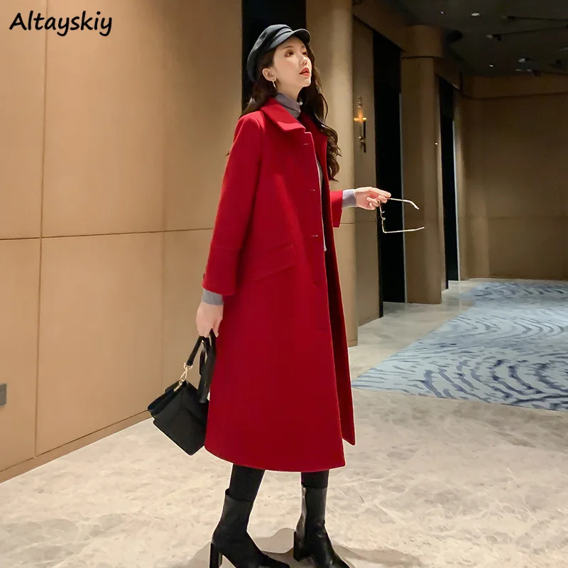 

Женское шерстяное пальто, Длинное Элегантное красное офисное прямое Свободное пальто с большими карманами, утепленная повседневная одежда...