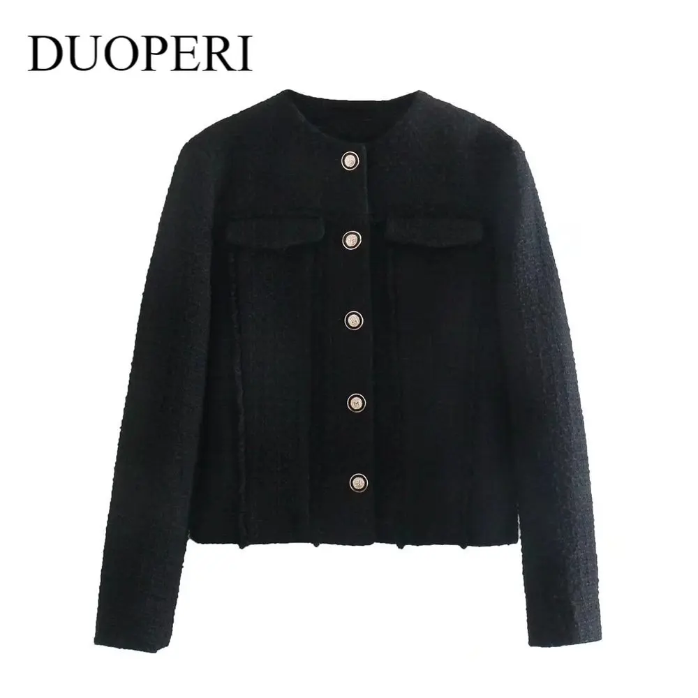 

Clazzaa женский модный короткий текстурированный тканный пиджак с круглым вырезом с длинными рукавами потертые отделки шикарный женский повс...