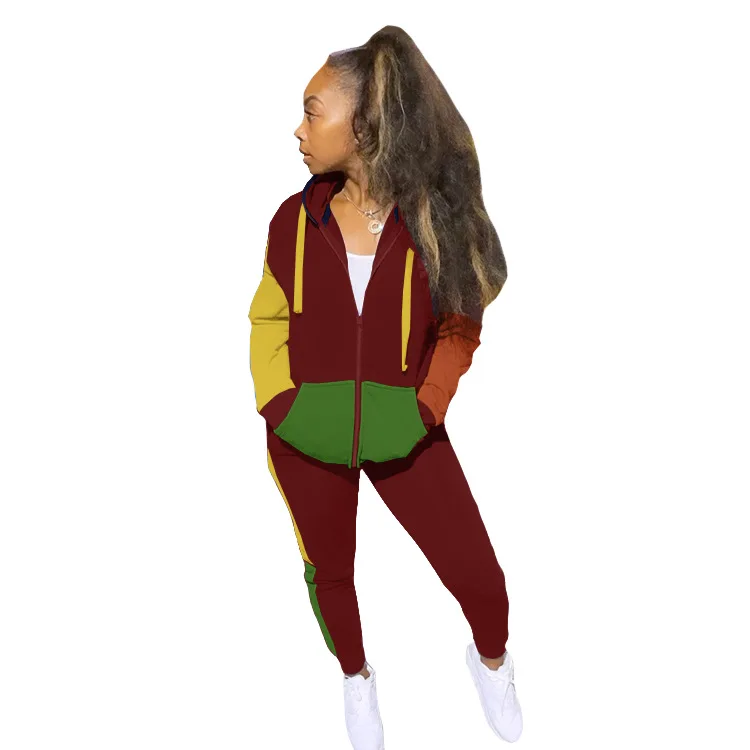 

New Arrivals Casual Tracksuits Colors Patchwork Hooded Zipper Collar Lady's Coats Skinny Sweatpants Outfits Spring Autumn