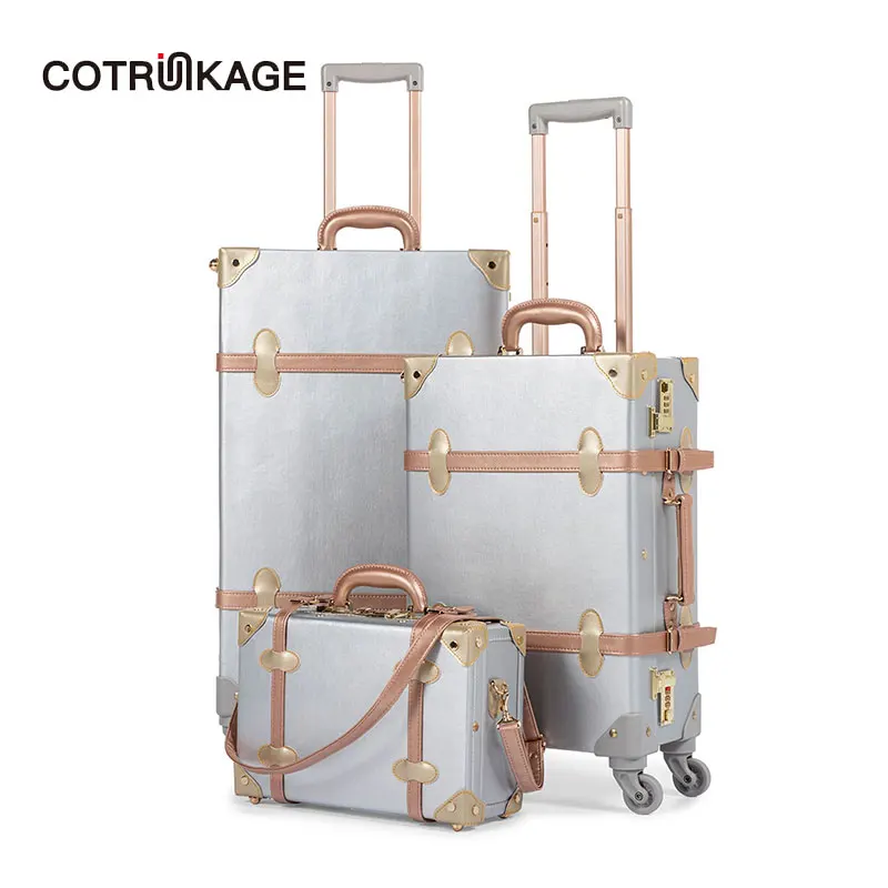 COTRUNKAGE комплект из 3 предметов серебряные ретро чемодан из ПУ-кожи, комплект 1" 20" 2" Для женщин багажник винтажные чемоданы девочек Розовый школьный сумка багажные наборы
