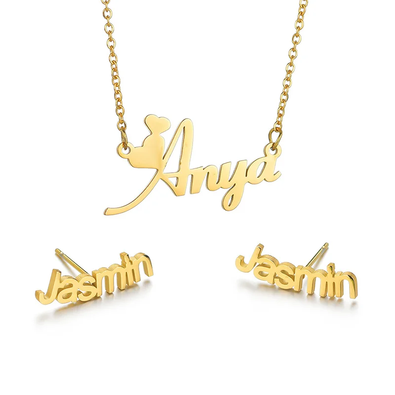 

Stainless Steel Name Necklace Studs Customized Necklaces Stud Personalized Jewelry Set for Women Birthday Gift