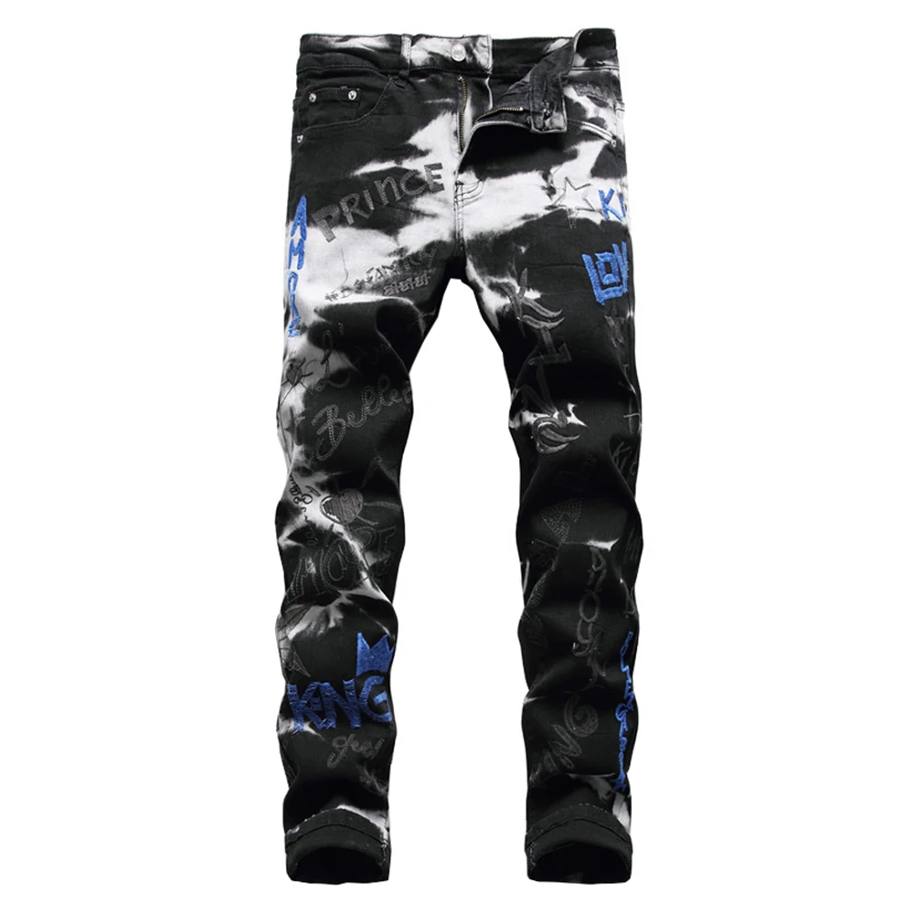 Pantalones vaqueros elásticos con bordado de letras para hombre, vaqueros de pitillo, color negro