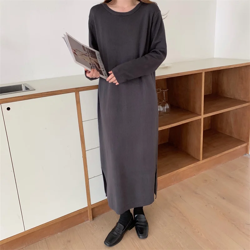 

Alien Kitty Chic 2021 Hot Autumn Winter Women Split Knitted Sweater Dress Ankle-Length Korean Solid Knit Long Dress Fashion