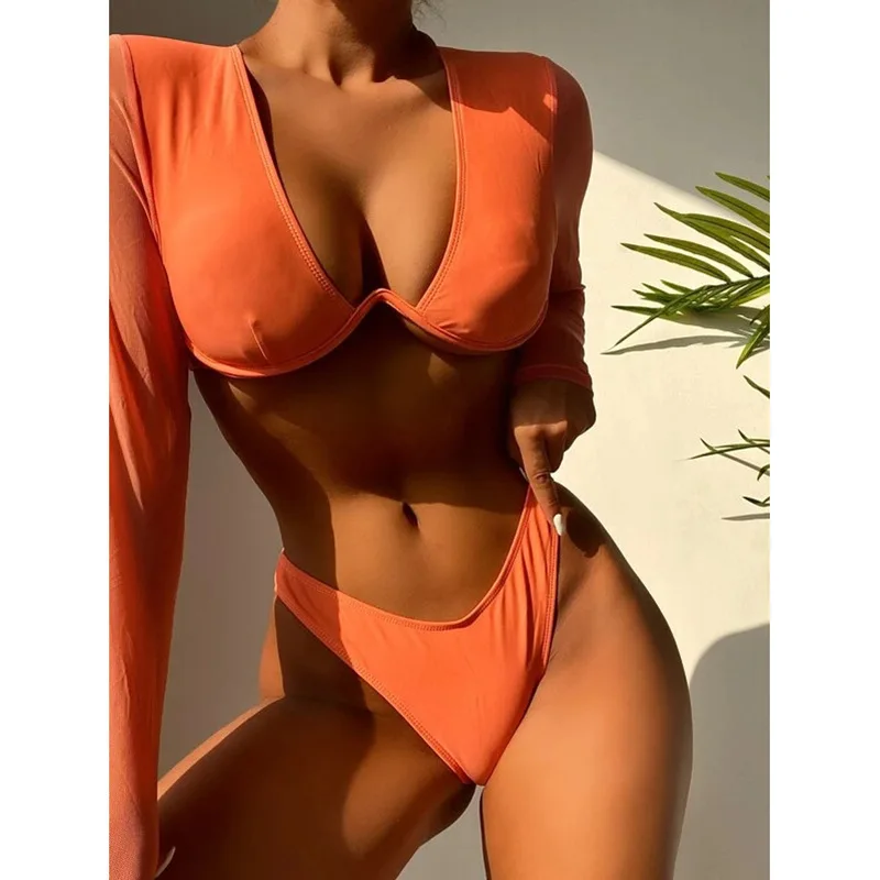 

Tengweng Solid Swimsuit Women Long Sleeve Bikini Set 2022 New Orange Underwire Push Up Swimwear Female Bather Bathing Suits Swim