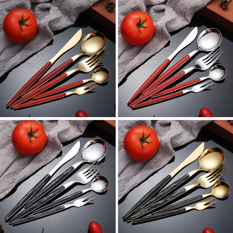 

Kitchen Utensils Sets Stainless Steel Dinnerware Sets Western Wood Grain Tableware Western Food Knife Fork Teaspoon Cutleries