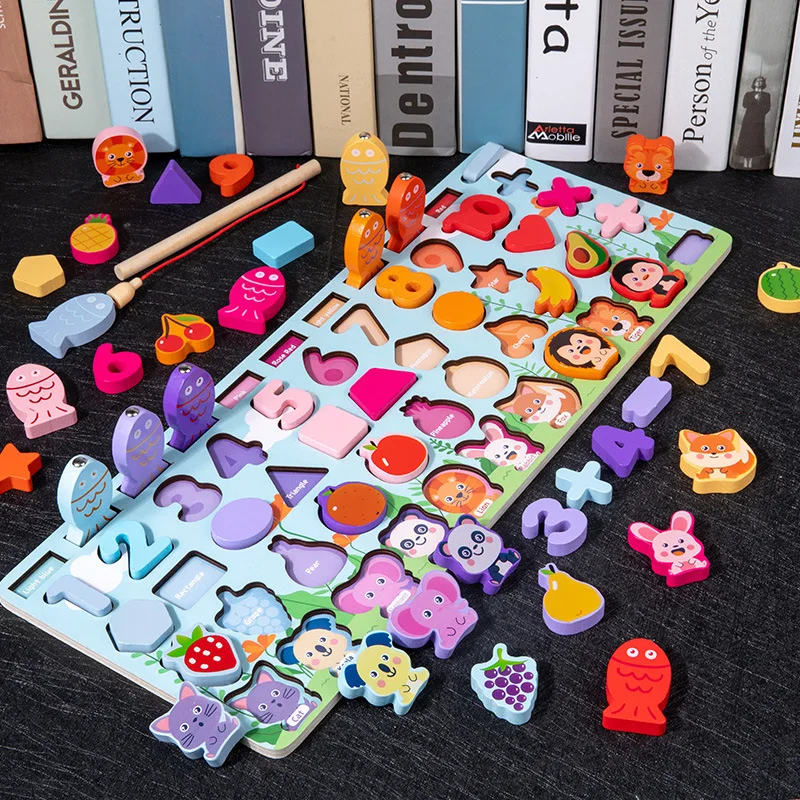 

Wooden Montessori Five-in-one Number Board Macaron Color Multi-function Calculation Magnetic Fishing Game Educational Math Toys