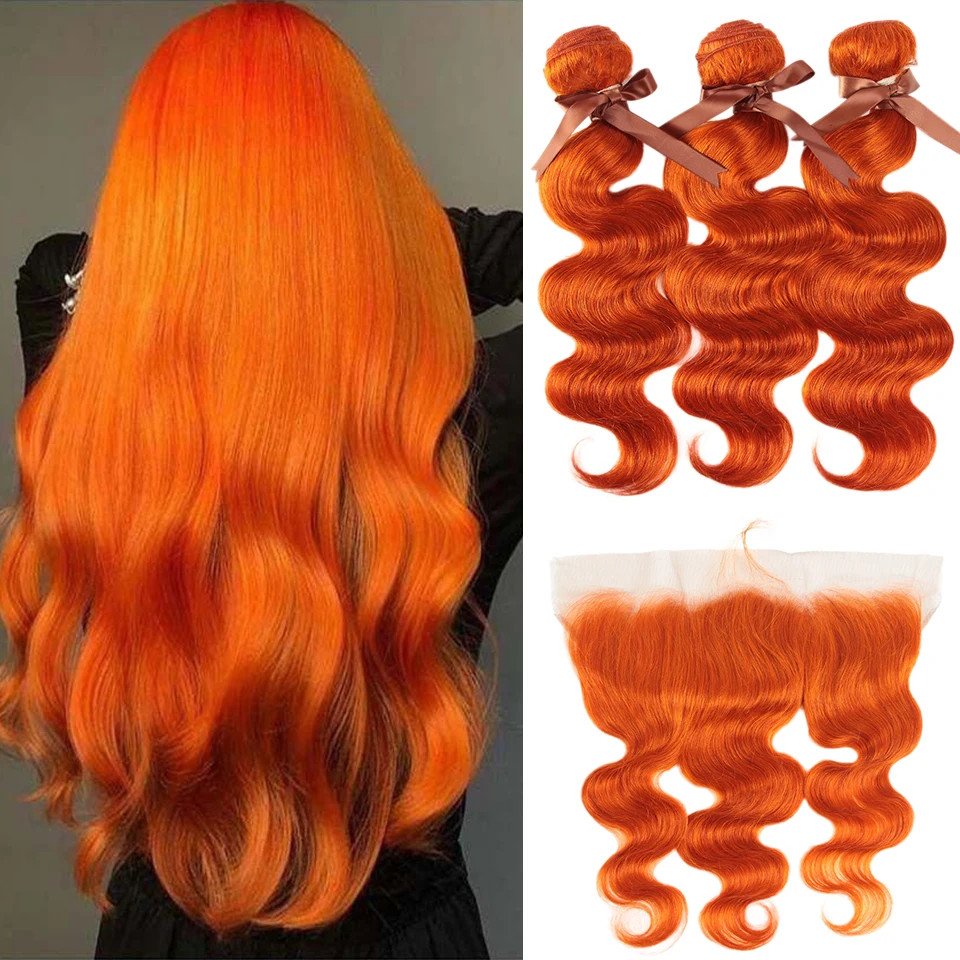 Ginger Orange Color Human Hair Bundles With Frontal Body Wave Lace Frontal With Bunldes Ginger Bundles Human Hair With Frontal