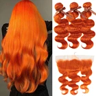 Черные жемчужные оранжевые пряди с фронтальными малазийскими волосами, волнистые пучки, 100% человеческие волосы Remy для наращивания, 4 шт. в одной упаковке