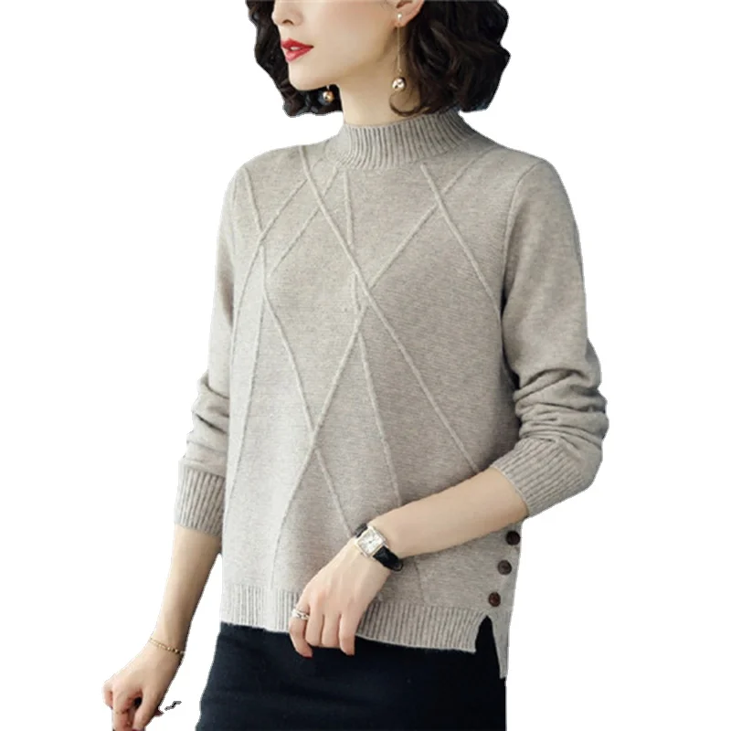 

QRWR 2021 Sweater Women Autumn Winter Half Turtleneck Long Sleeve Elegant Pullover Sweater Casual Solid Color Ladies Knitwear