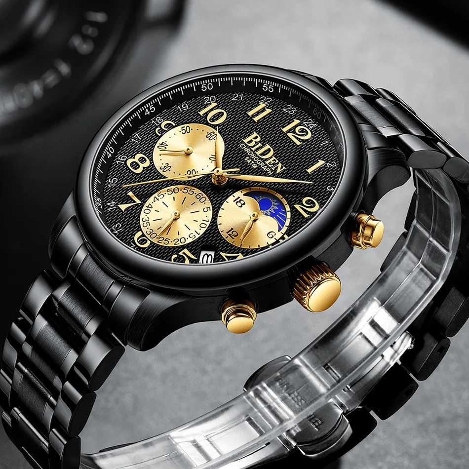 

Luxury Gold Men Chronograph Watches Black Stainless Steel Classic Male Business Dress Watch BIDEN Brand Army Sport Wristwatch