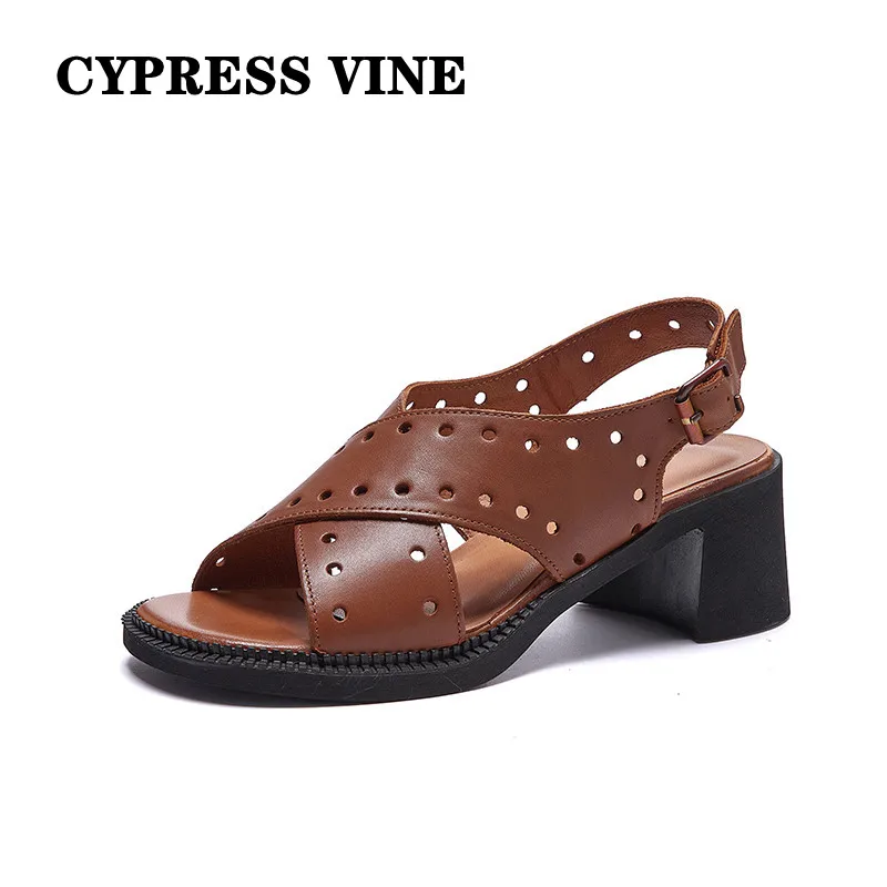 

Женские сандалии Cypress Vine, новый стиль, натуральная коровья кожа, Круглый буксир, квадратный каблук, подошва ручной работы, мягкие, для лета, р...
