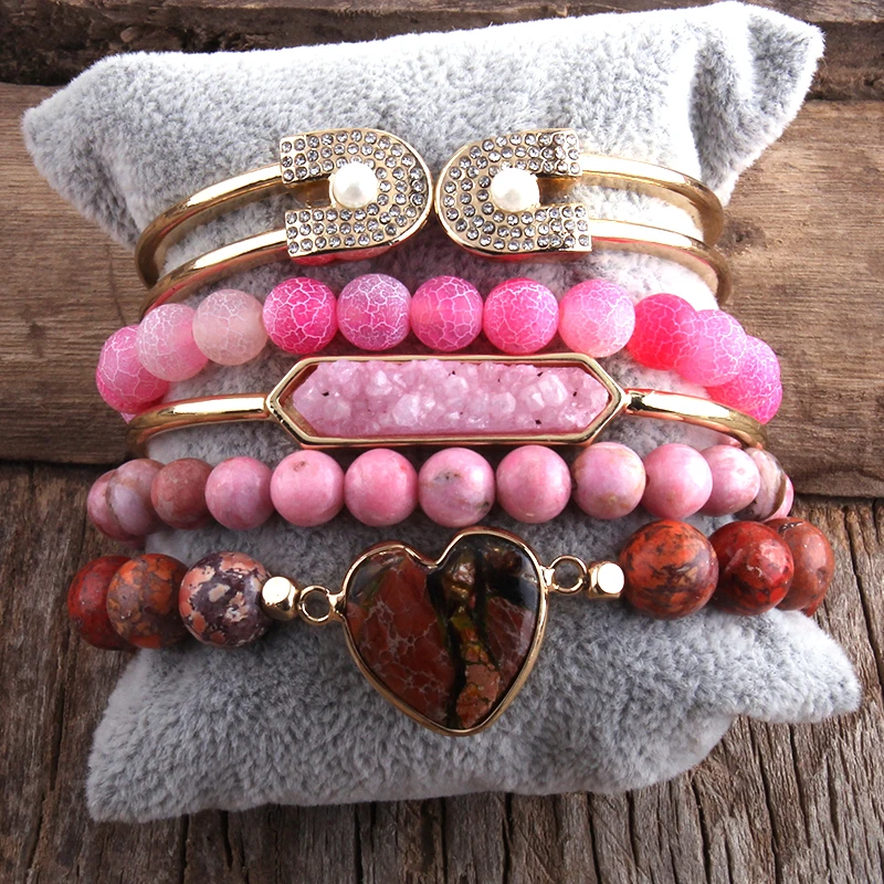 Женский комплект браслетов из натурального камня и друзы 5 шт.|Плетеные браслеты|