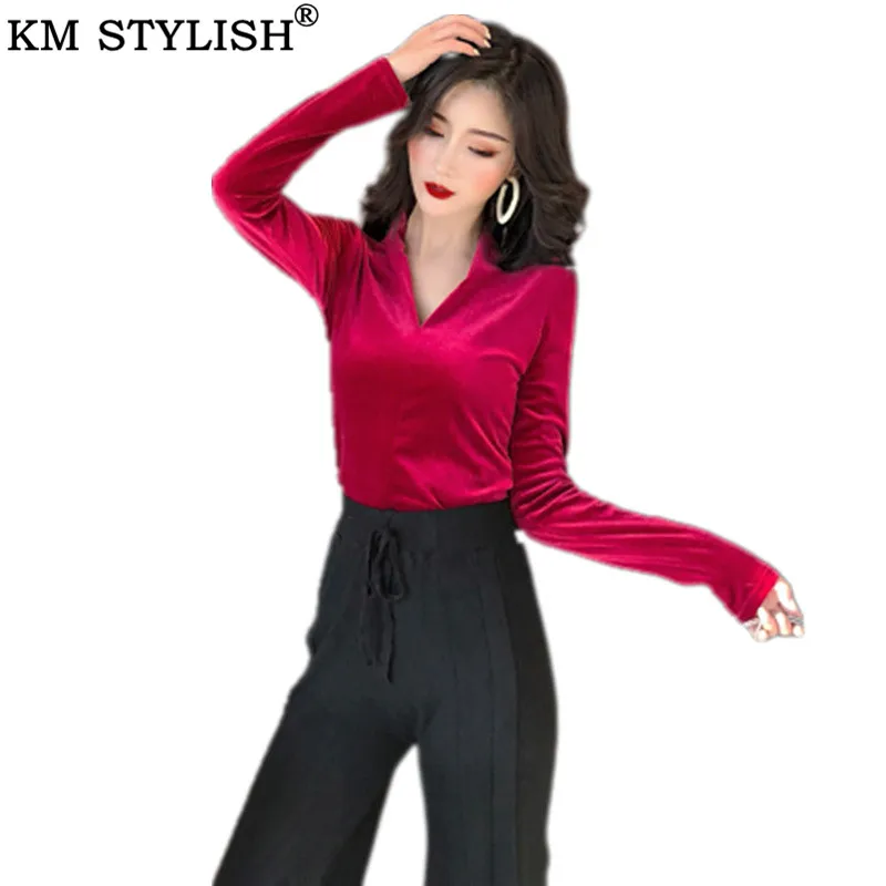 Женская Нижняя футболка 2019 осень/зима новая с v-образным вырезом длинный рукав