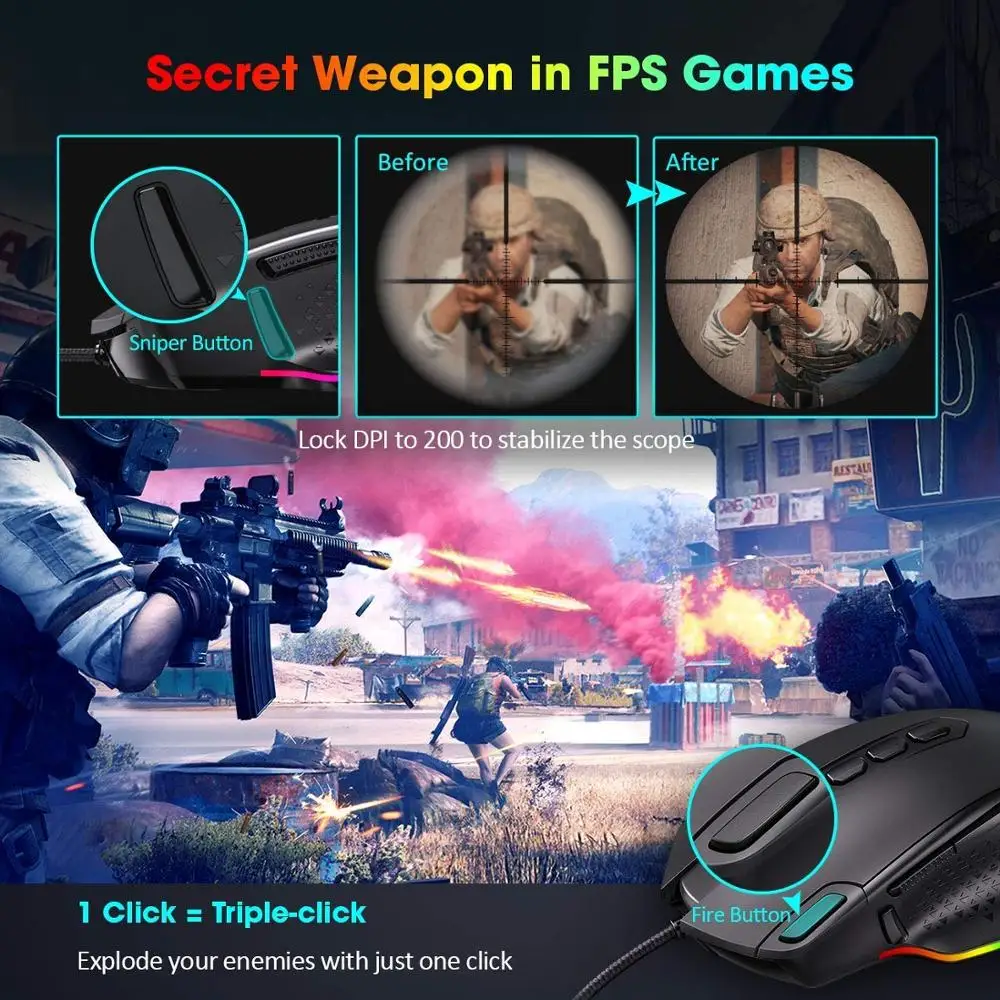 

PICTEK 12000DPI Wired Gaming Mouse Gamer Ergonomic Mouse USB With RGB Backlit 10 Buttons For Windows Computer Mice