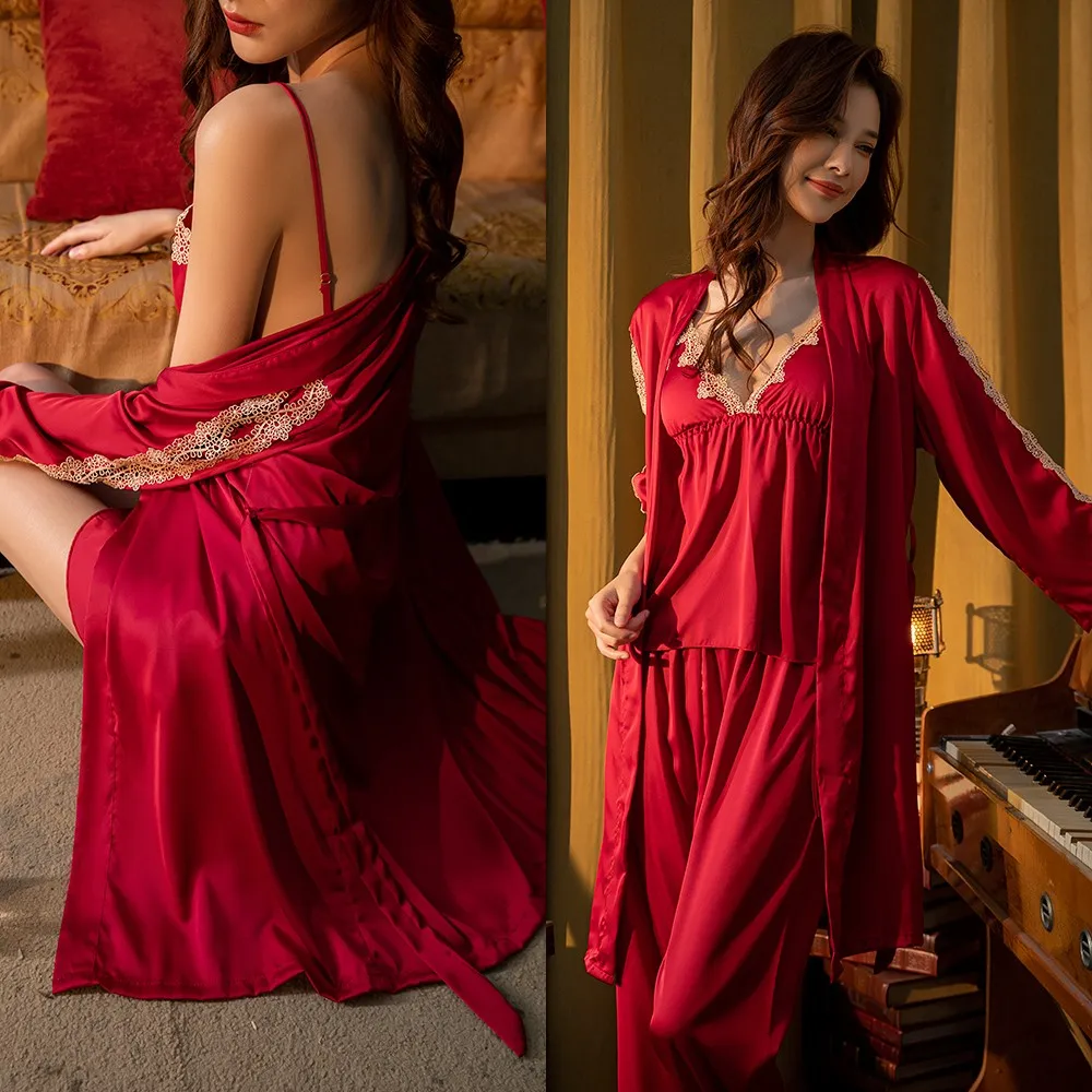 

Hollow Out 5PCS Sleepwear Women Nightgown Faux Silk Kimono Bathrobe Gown Lace Patchwork PJS Set Satin Lounge Wear Sexy Nightwear